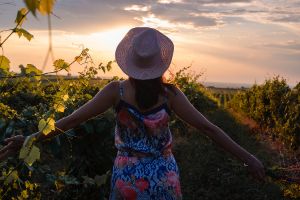 Woman Walking Through A Field Of Flowers At Sunset